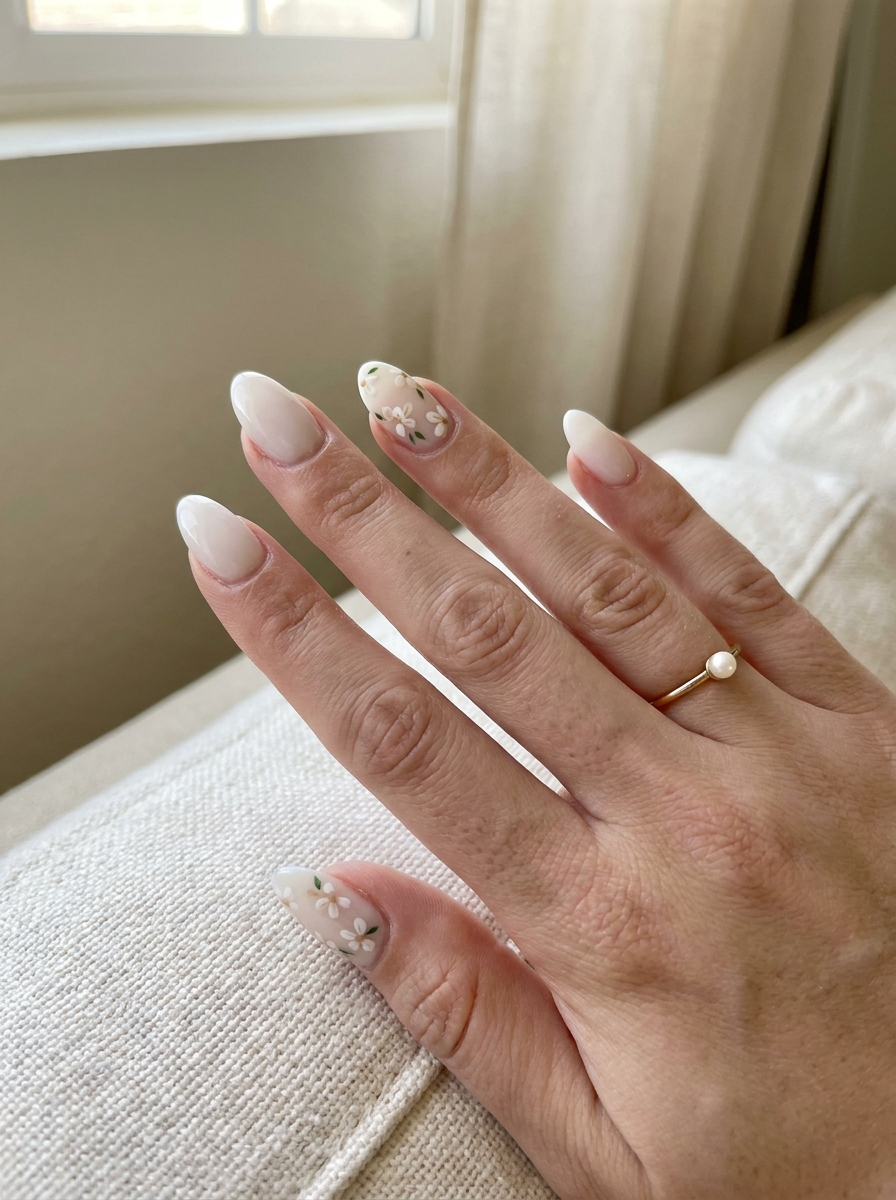 Milky White Floral Nails mit milchiger Basis und zarten Blüten